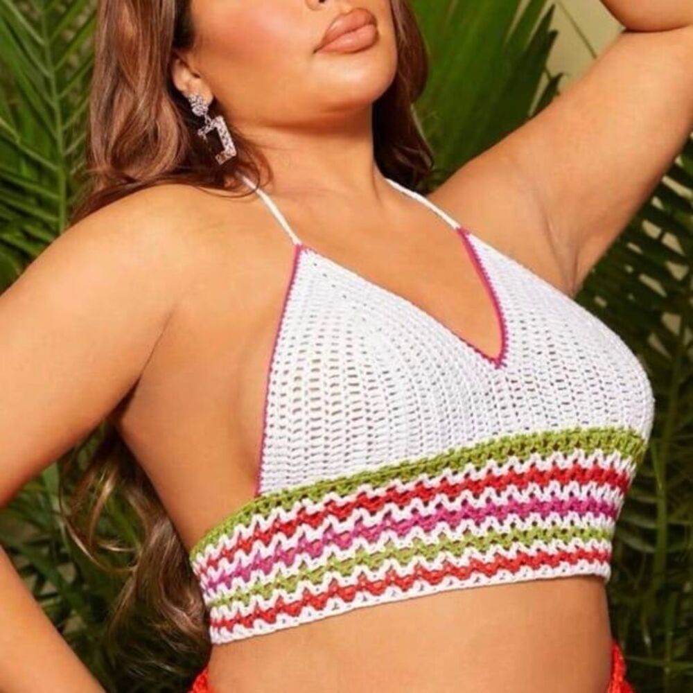 Plus Knit Chevron Pattern Crochet Knit Halter Top Crop Backless 3x 18